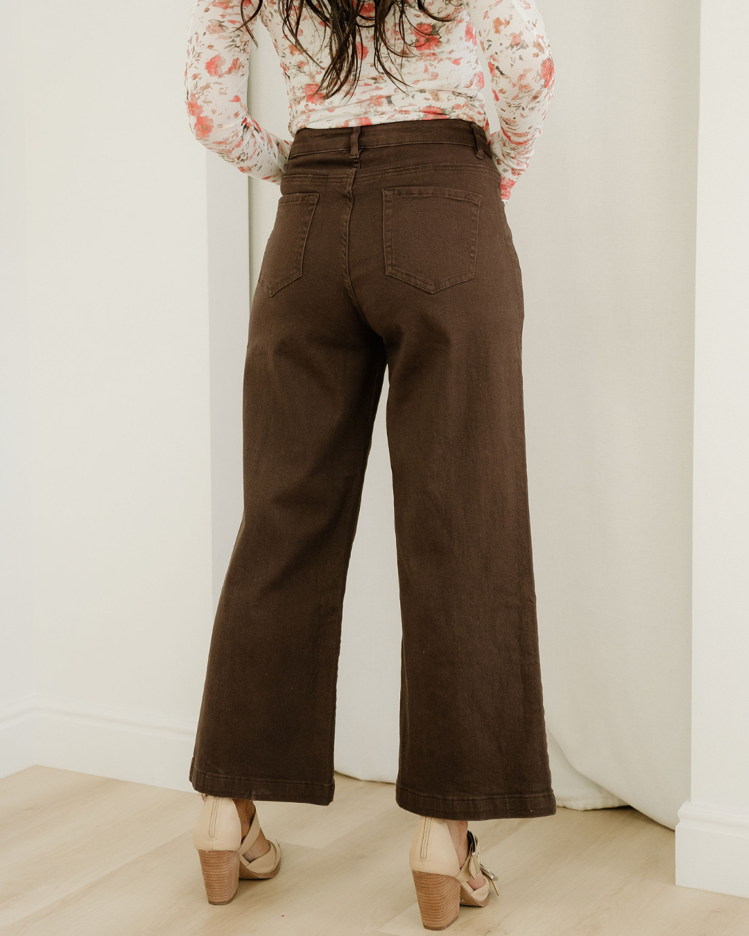 Elsie Solid Color Seamed Center Wide Leg Cropped Jeans - Red Sandalwood