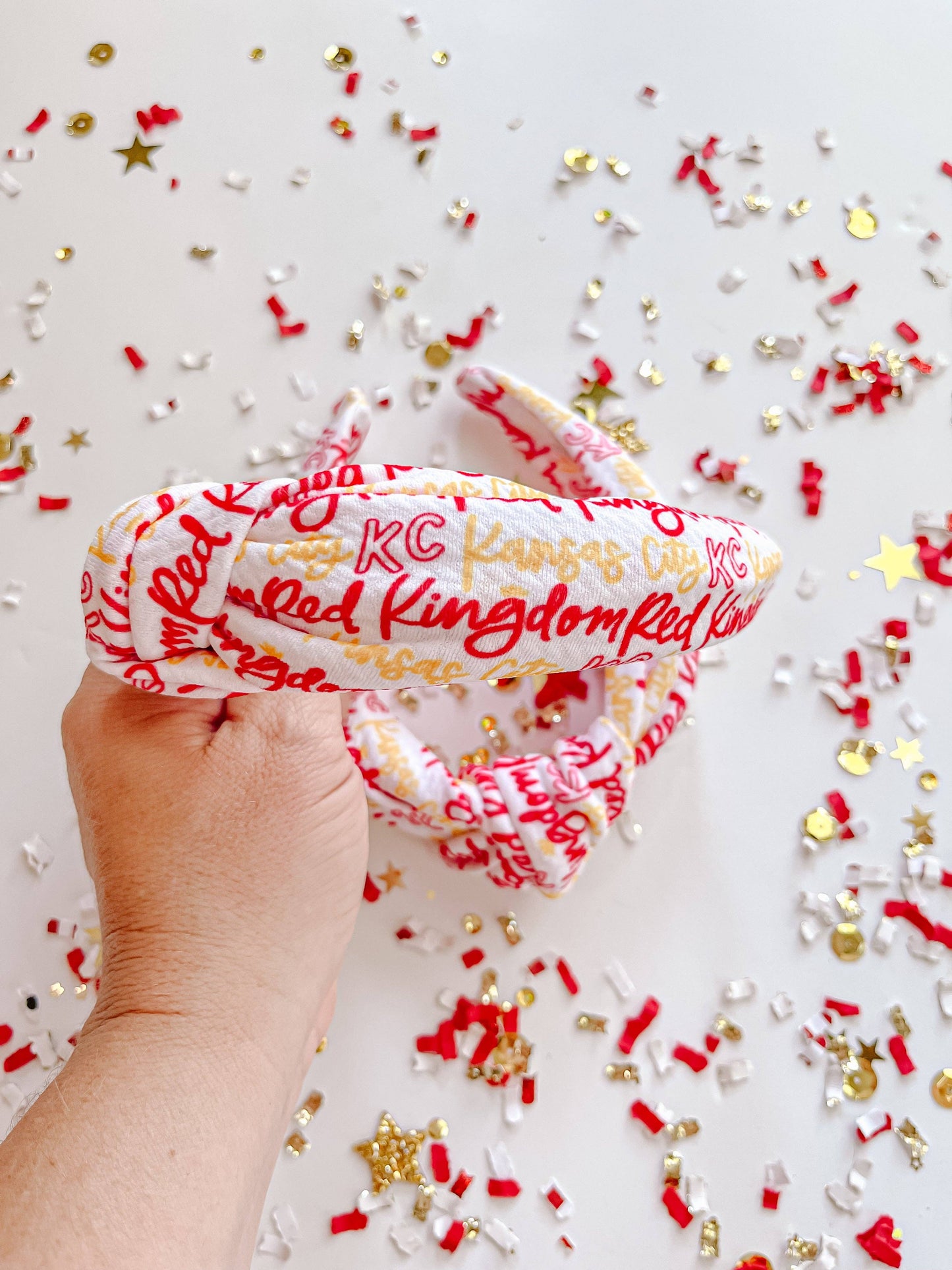 Evie Pearl Handmade LLC - White Kansas City KC Red Kingdom Cursive Knotted Headband