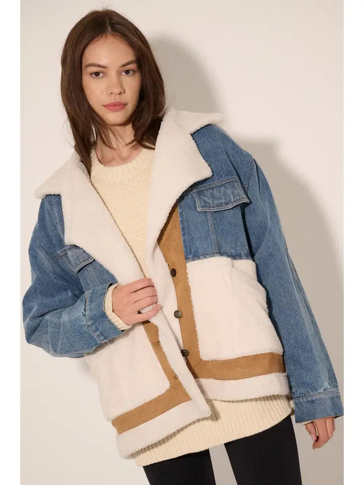 Color Block Denim Suede Fuzzy Jacket