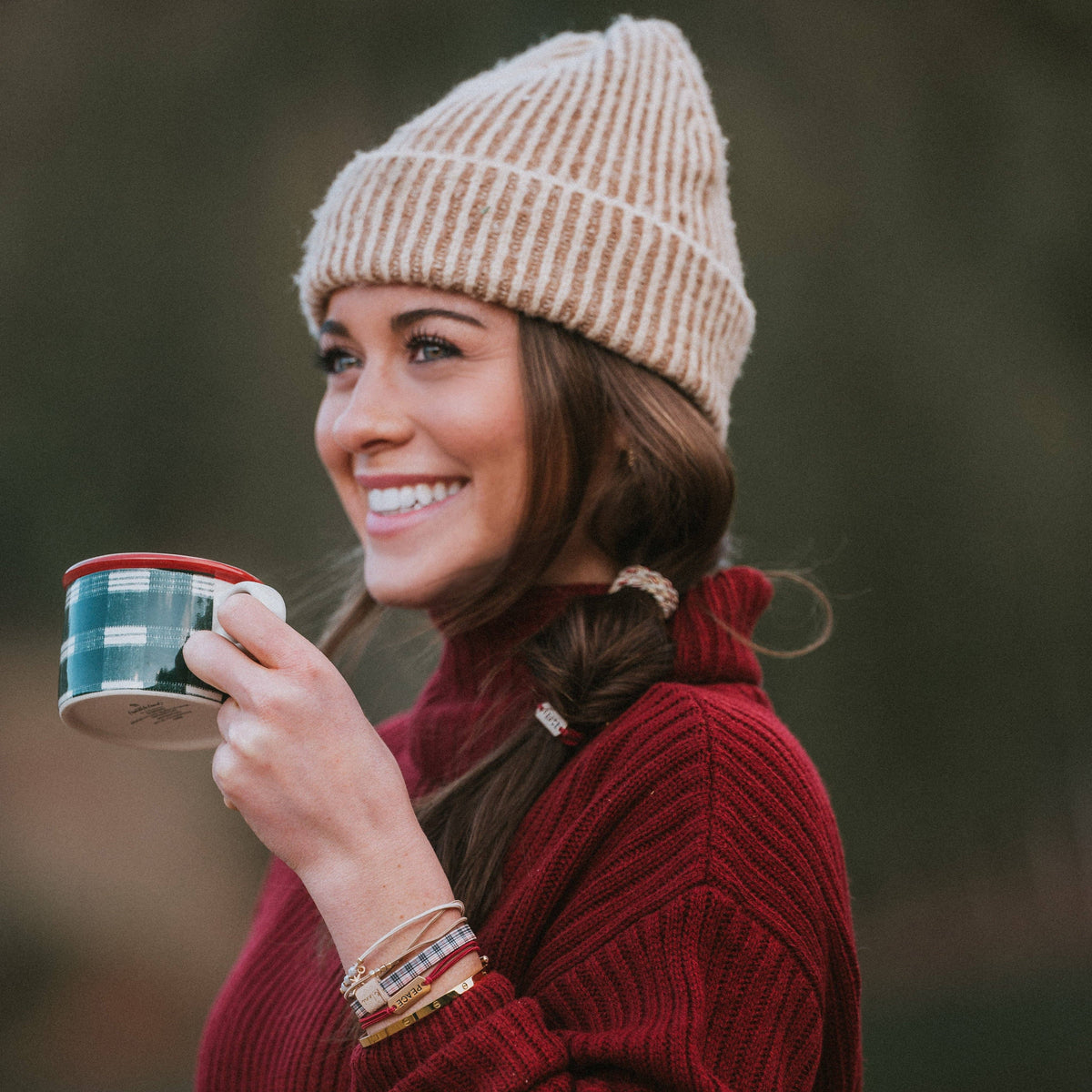K'lani hair tie bracelets - "Peace" Holiday Red & Cream Plaid with Gold Accents Hair Tie Bracelets