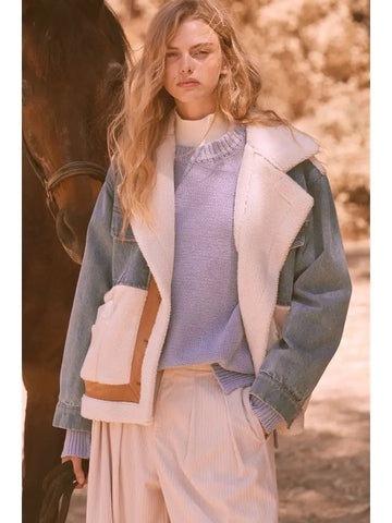 FINAL SALE-Color Block Denim Suede Fuzzy Jacket
