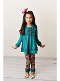 Kids Teal Plum Floral Ruffle Button Fall Two Piece Set