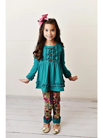 Kids Teal Plum Floral Ruffle Button Fall Two Piece Set