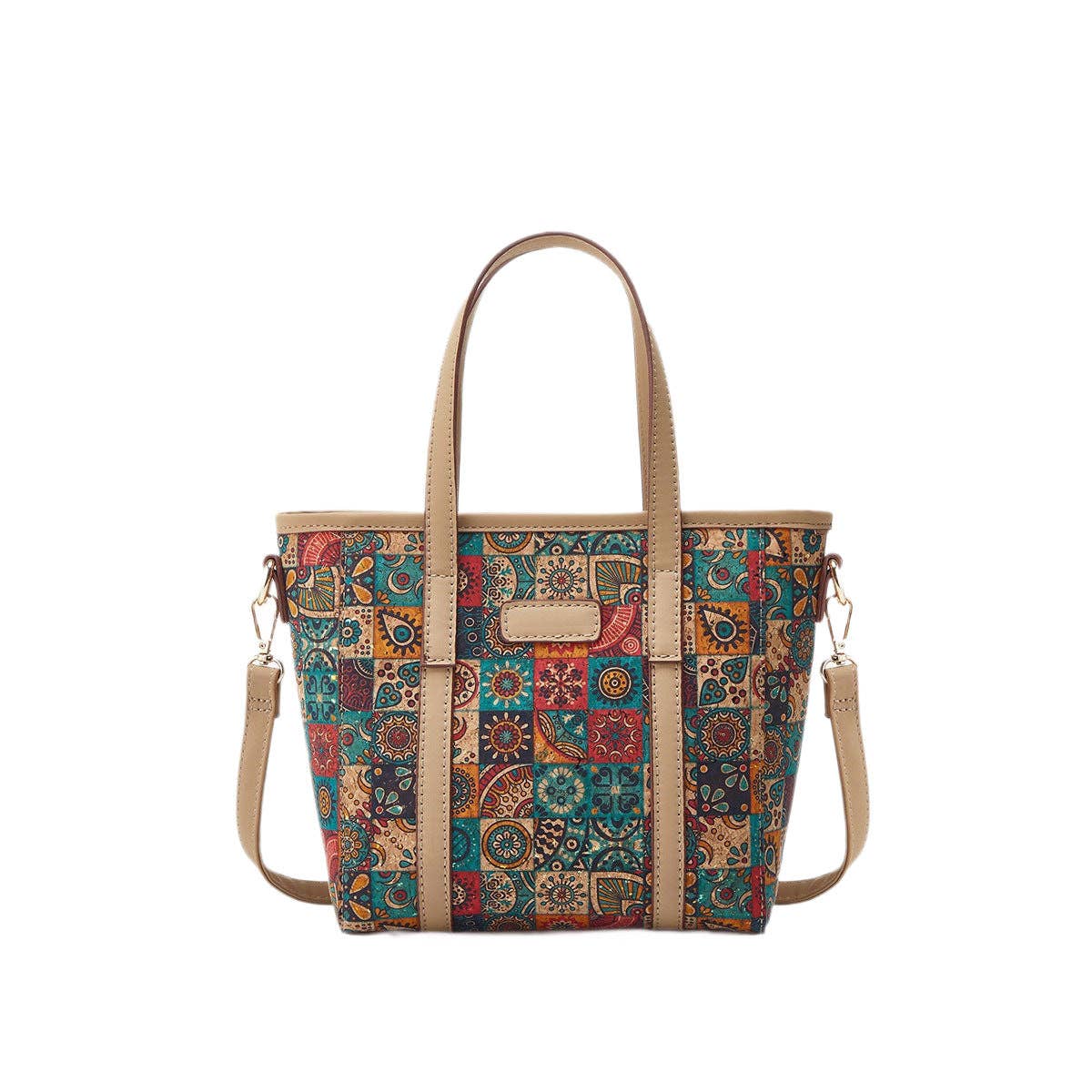 Golden Hour Boutique - Bohemian Print Cork Tote Bag Stylish Casual Shoulder Bag