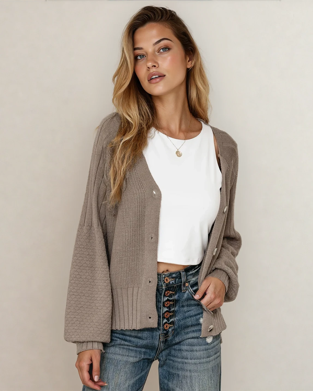 Jane Mixed Texture Knit Button V Neck Sweater Cardigan - Brown