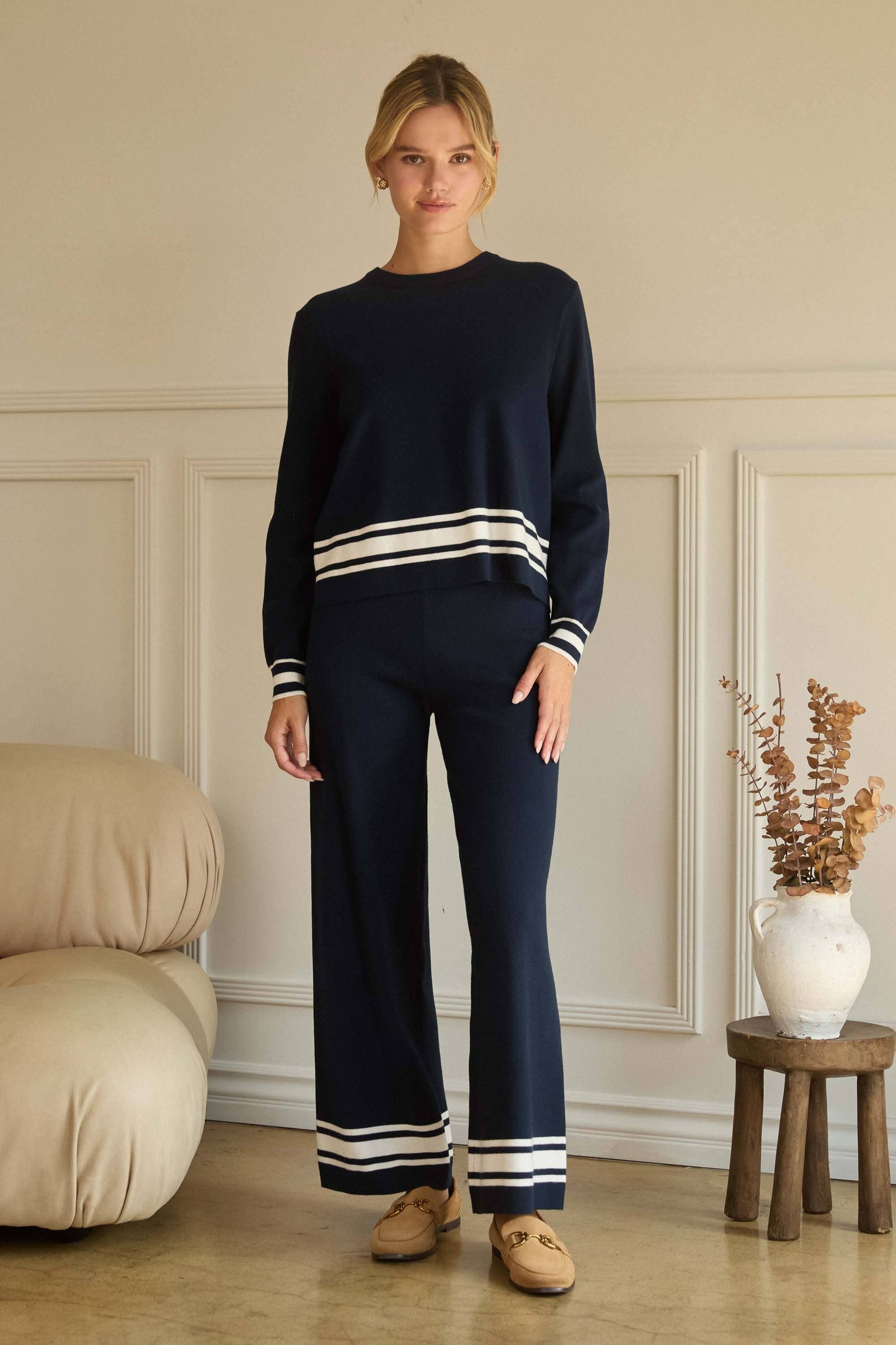SKIES ARE BLUE - Long Sleeve Crew Neck with Stripe Hem