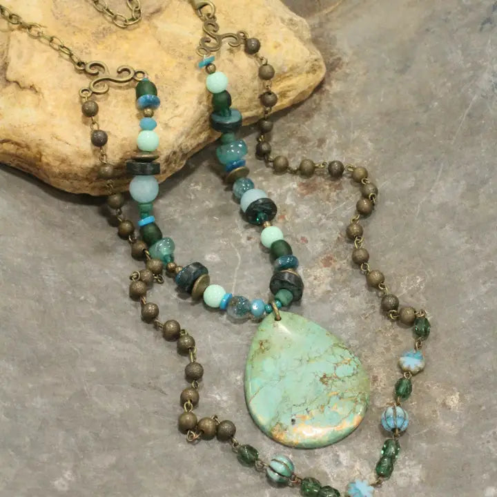 FINAL SALE - Czech Turquoise Picasso Flower Bead Necklace