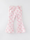 Girls Pink Bow Print Elastic Flared Jeans