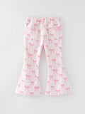 Girls Pink Bow Print Elastic Flared Jeans