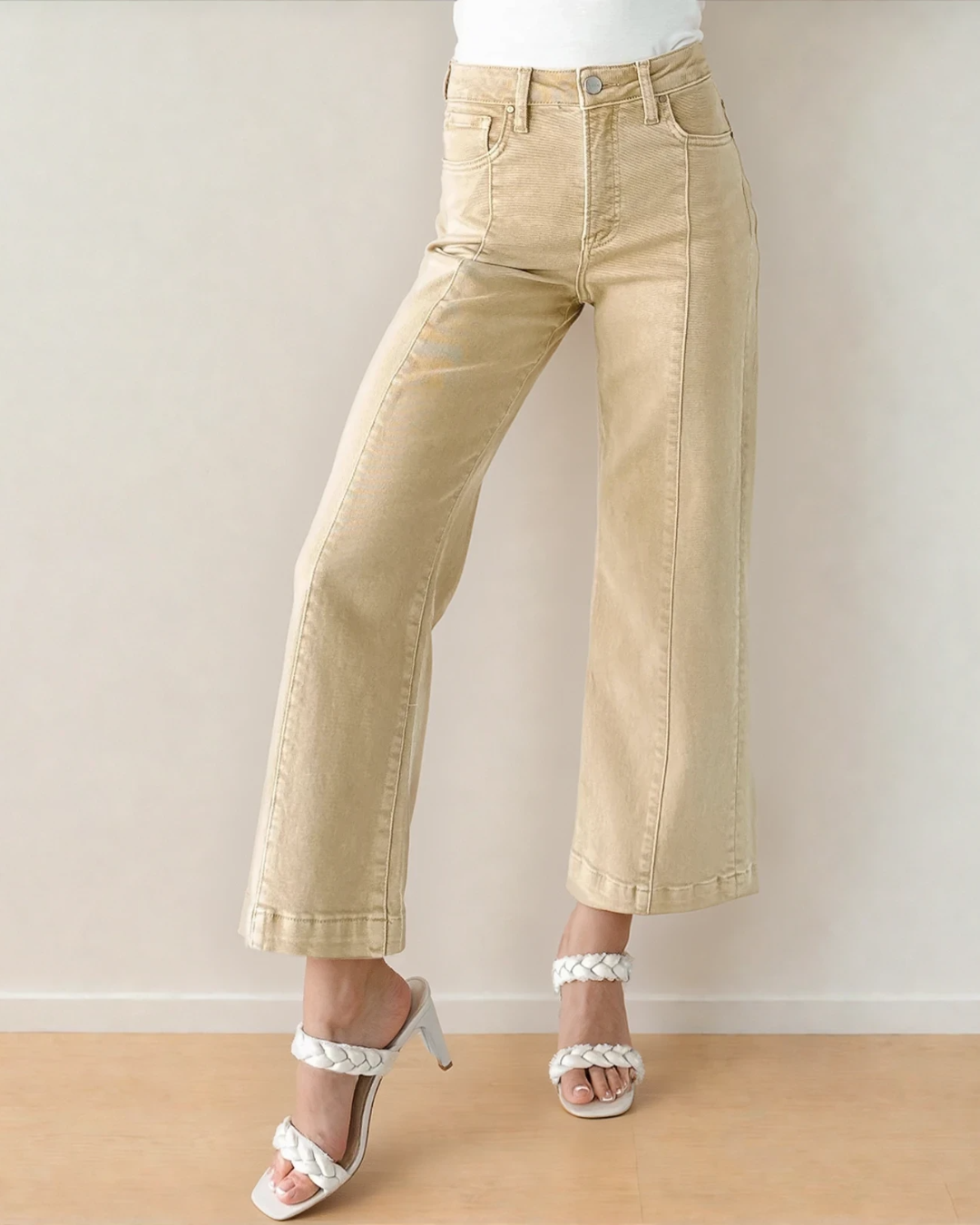 Elsie Solid Color Seamed Center Wide Leg Cropped Jeans - Apricot