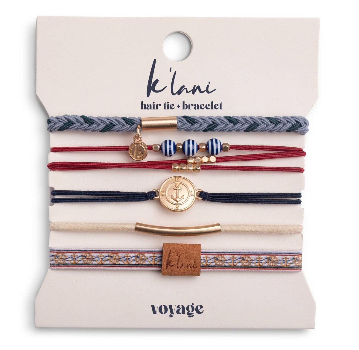 K'lani hair tie bracelets - "Voyage" Classic Nautical Navy, Red & Gold with Anchor Accents Hair Tie Bracelets