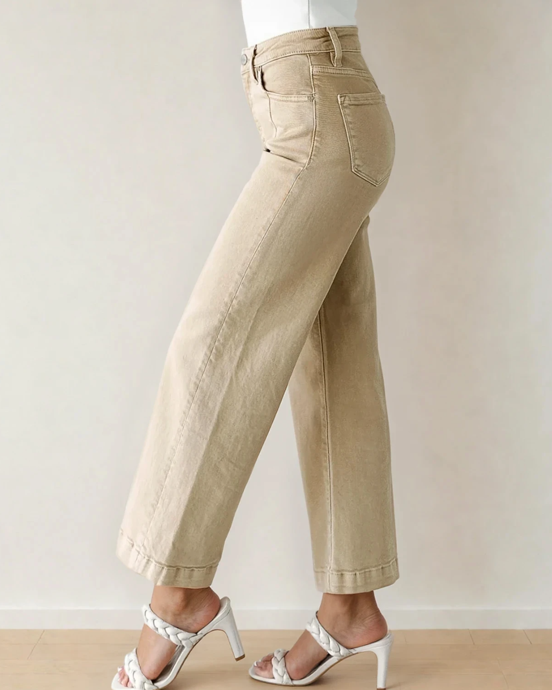 Elsie Solid Color Seamed Center Wide Leg Cropped Jeans - Apricot