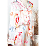 FINAL SALE-Bow Knot Lapel Collar Wide Leg Satin Pajama Set