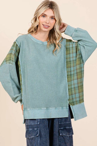 Plaid Panel Mineral Wash French Terry Sweatshirt