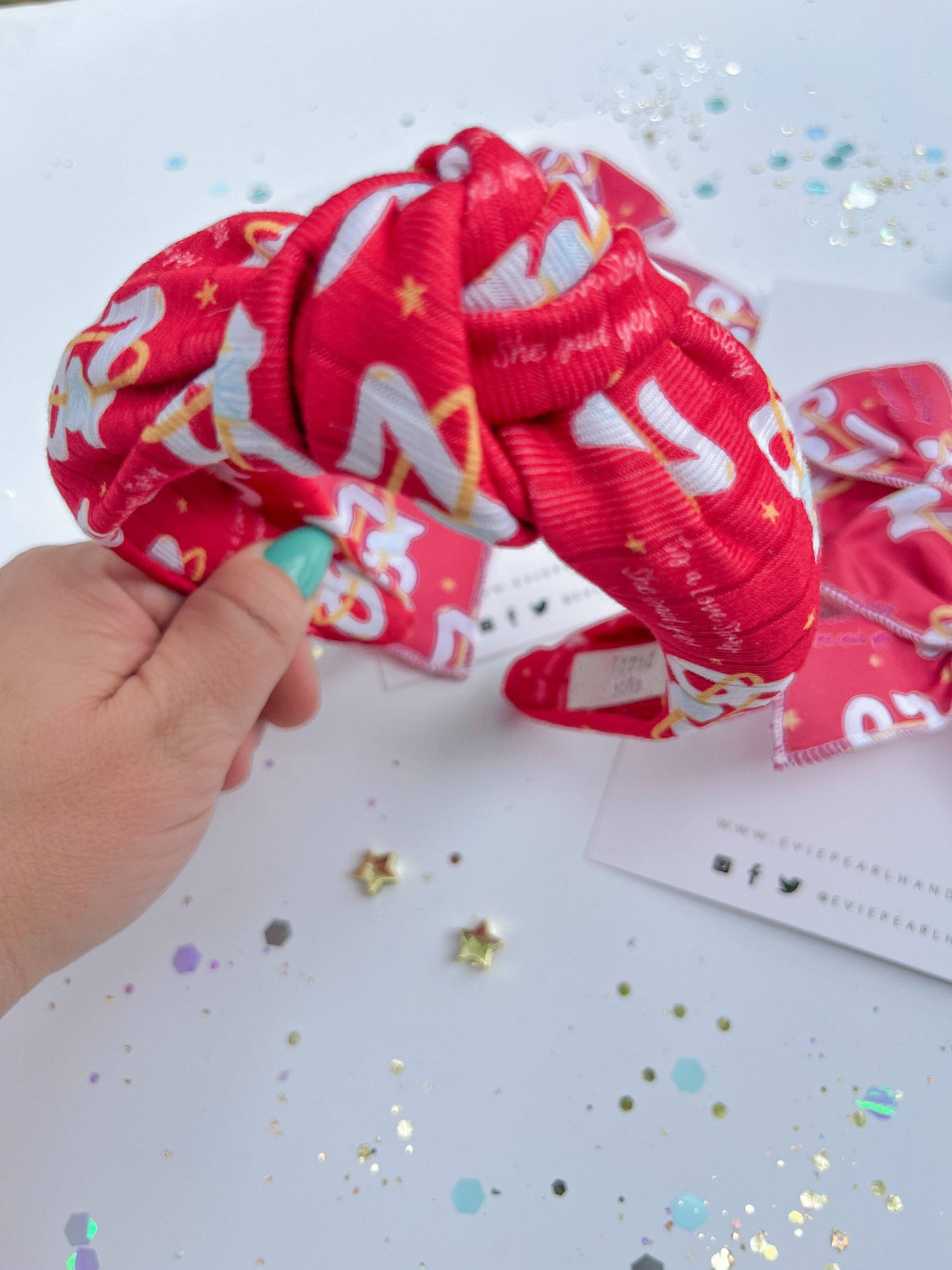 Evie Pearl Handmade LLC - Red 87 Ring It’s A Love Story Say Yes Knotted Headband for Girls & Women