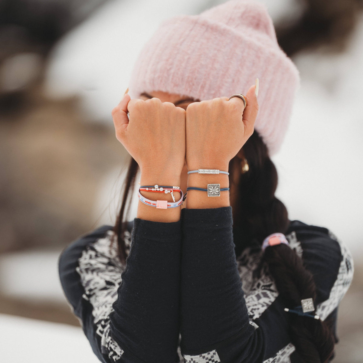 K'lani hair tie bracelets - "Aprés" Blue, Red & Pink with Silver Snow & Winter Accent Hair Tie Bracelets