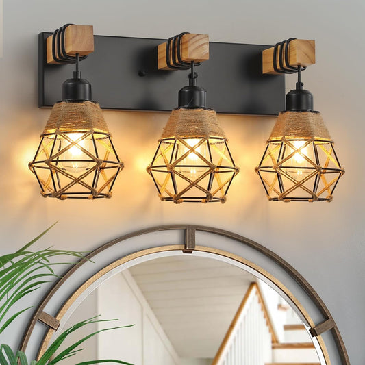 Rustic Rattan Style Wood Bathroom Vanity Wall Sconce