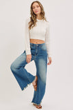 PRE-ORDER MID-RISE WIDE-LEG FRAYED HEM DENIM JEANS