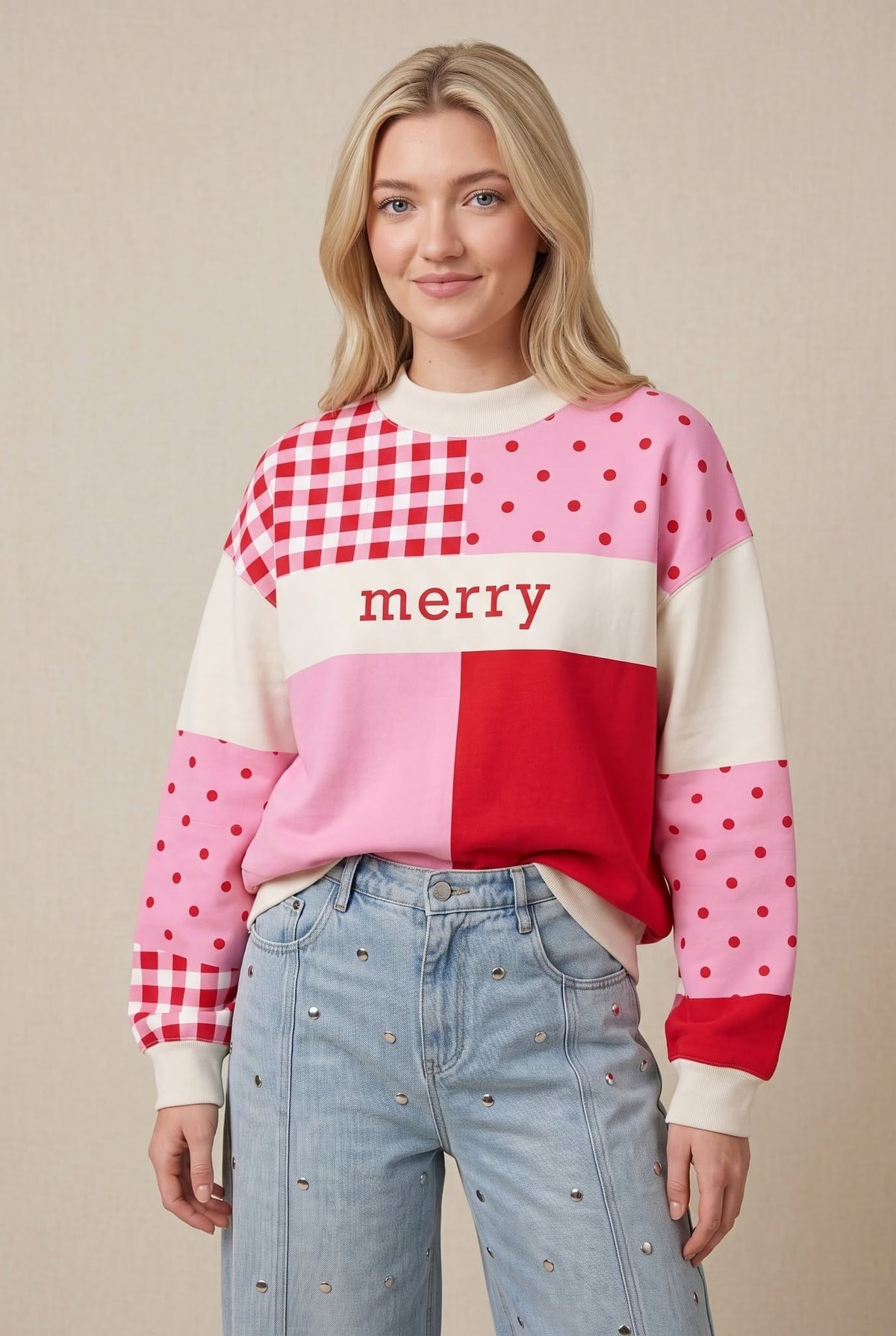 PREORDER ITEM (Estimated ship date 10/30, Christmas Merry Colorblock Mock Neck Sweatshirt