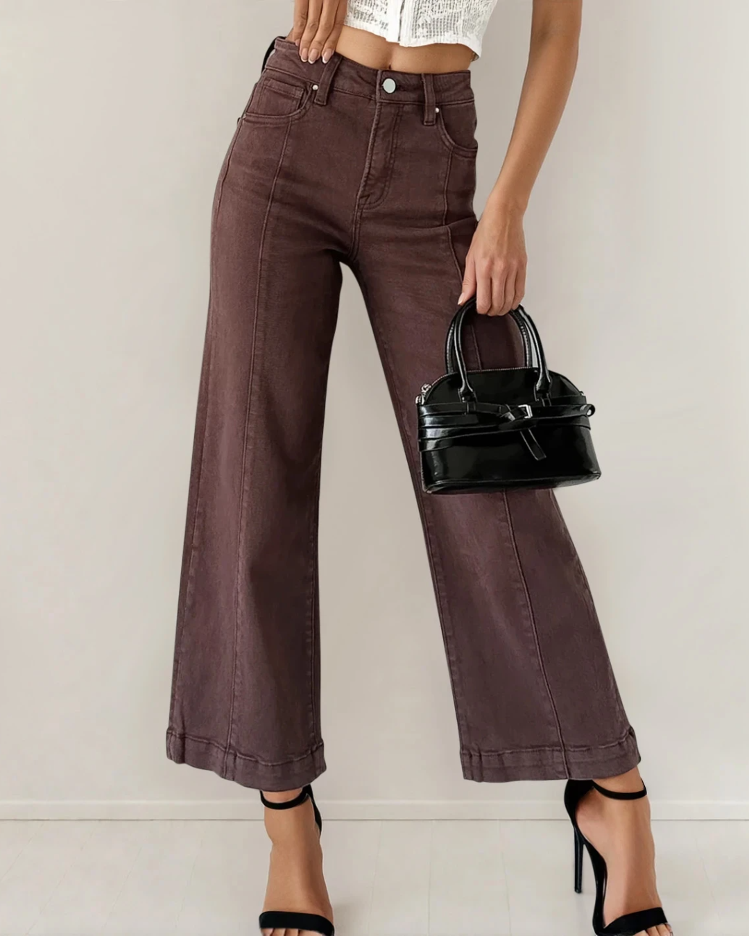Elsie Solid Color Seamed Center Wide Leg Cropped Jeans - Red Sandalwood