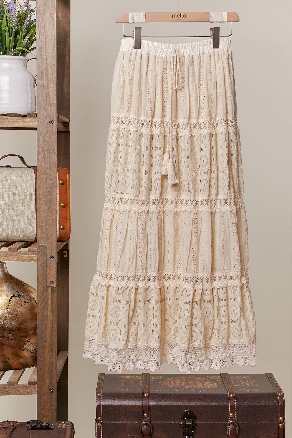 Mello. - Elastic Waist Maxi Skirt with Lace Trim