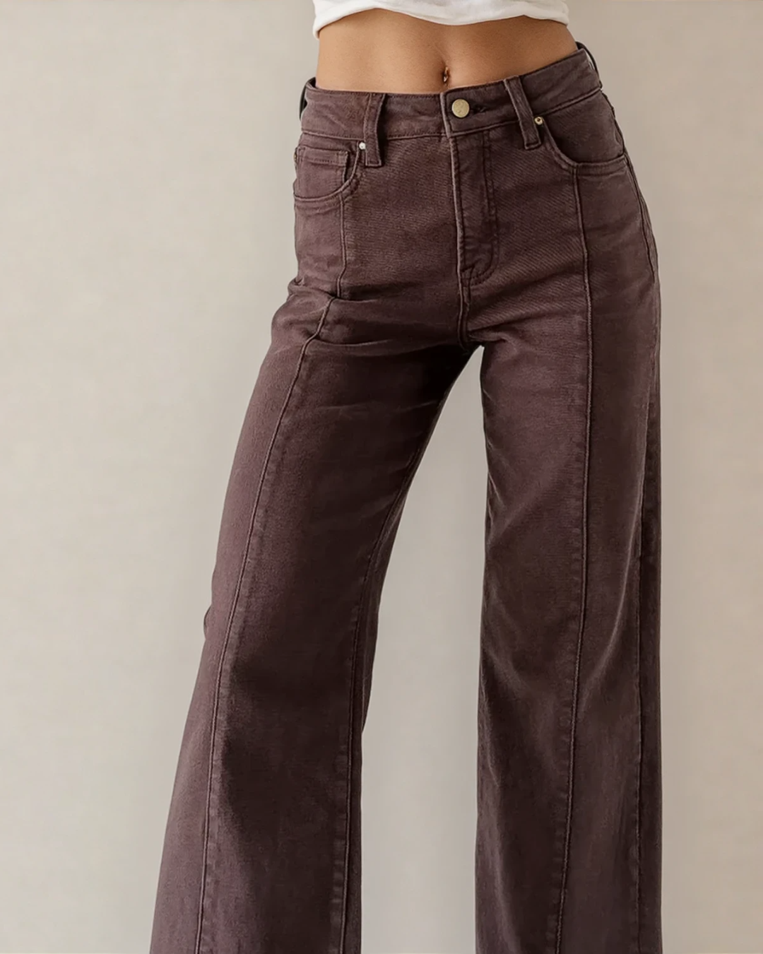 Elsie Solid Color Seamed Center Wide Leg Cropped Jeans - Red Sandalwood