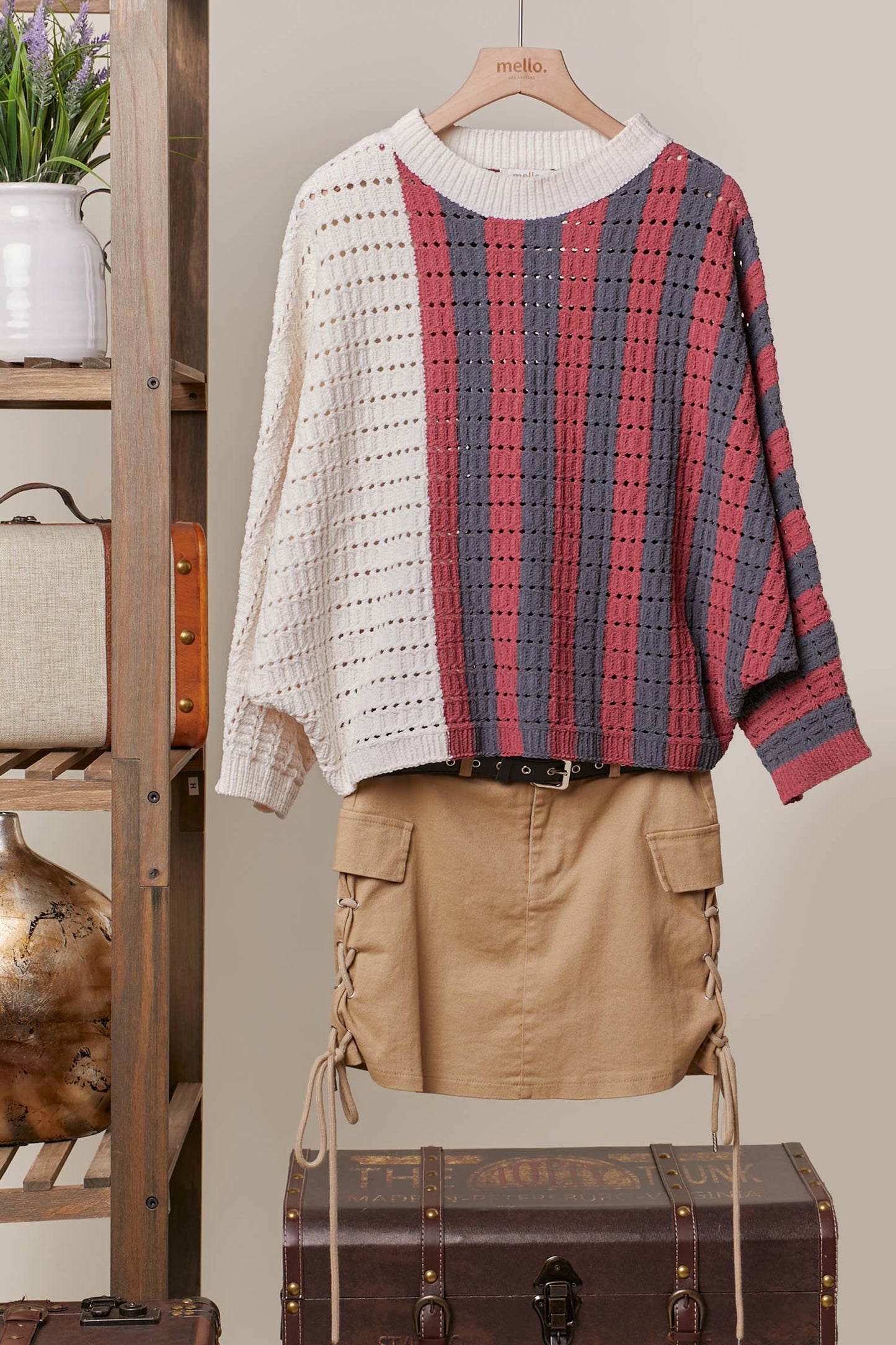 Mello. - Round Neck Color Block Striped  Sweater