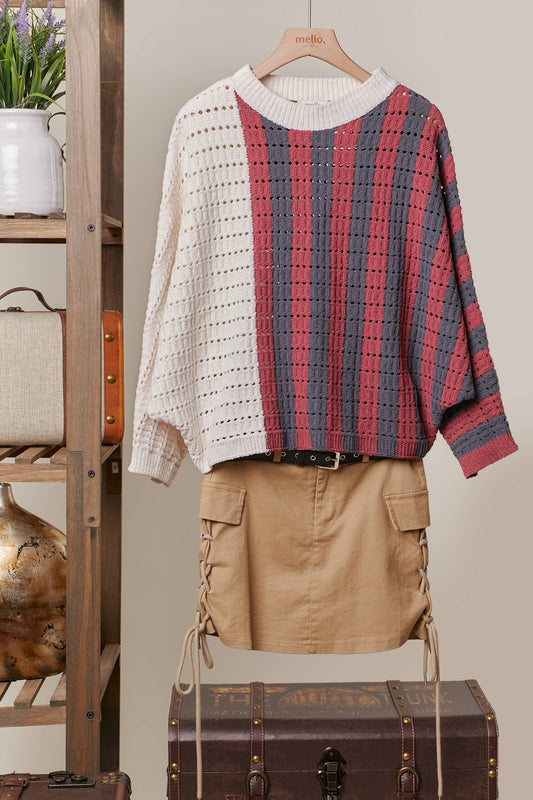 Mello. - Round Neck Color Block Striped  Sweater