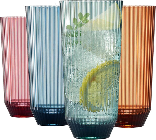 Khen Shatterproof Acrylic Ribbed Drinking Glasses Set, European Style, Dishwasher Safe, Tall | Set of 4 | Muted Tritan Drinkware, Unbreakable BPA-free Plastic, Reusable Stackable Glassware - 12OZ