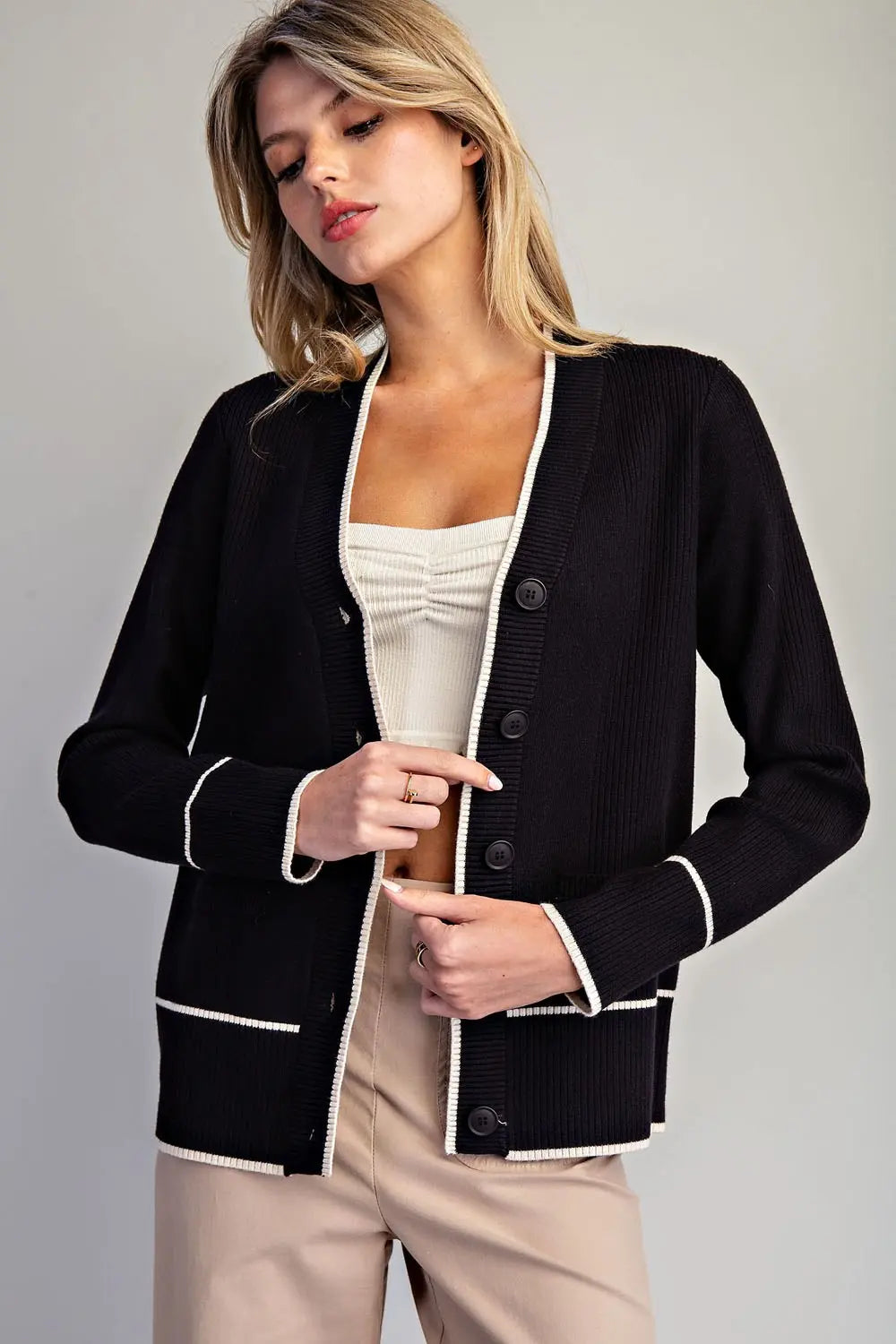 Contrast Trim Button Down Cardigan