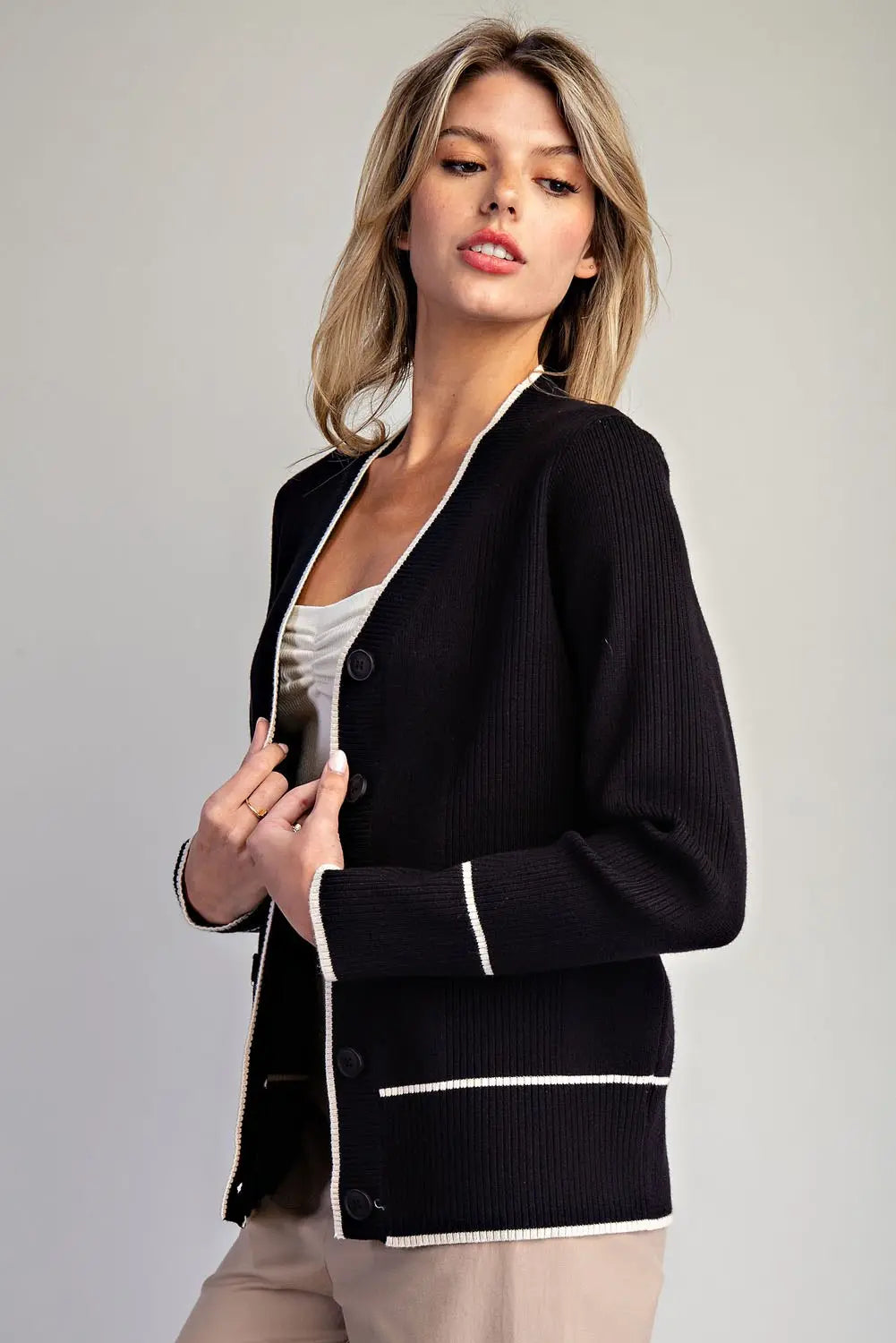 Contrast Trim Button Down Cardigan