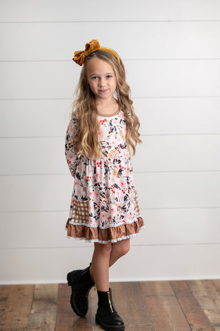 Brown Check Pocket Floral Dress