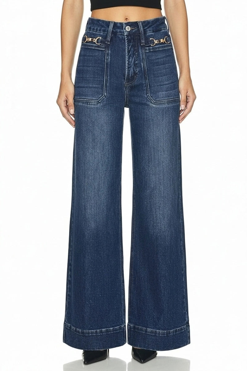 High Rise Slim Palazzo Jean with Metal Link