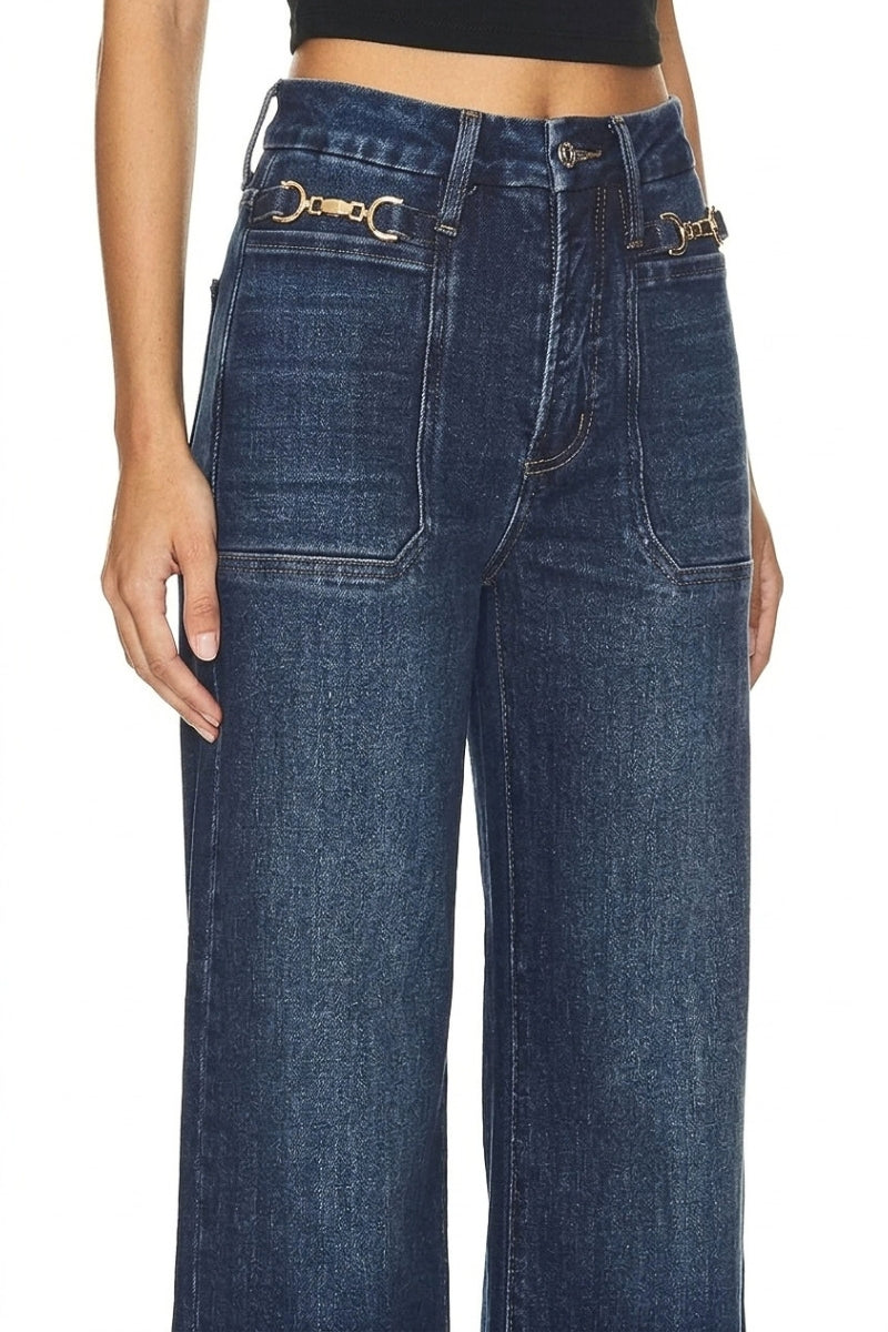 High Rise Slim Palazzo Jean with Metal Link
