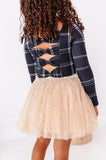 Black Plaid | CROPPED Bow Back Long Sleeve Top