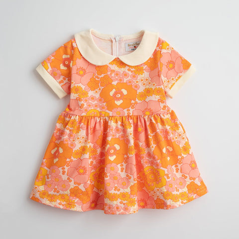Girls' Mod Collar Dress in Orange and Pink Flower Power