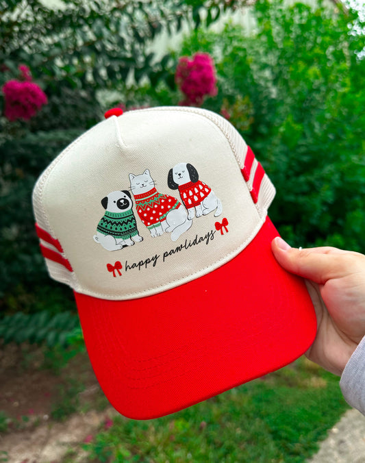 Happy Pawlidays Red Striped Canvas Trucker Hat