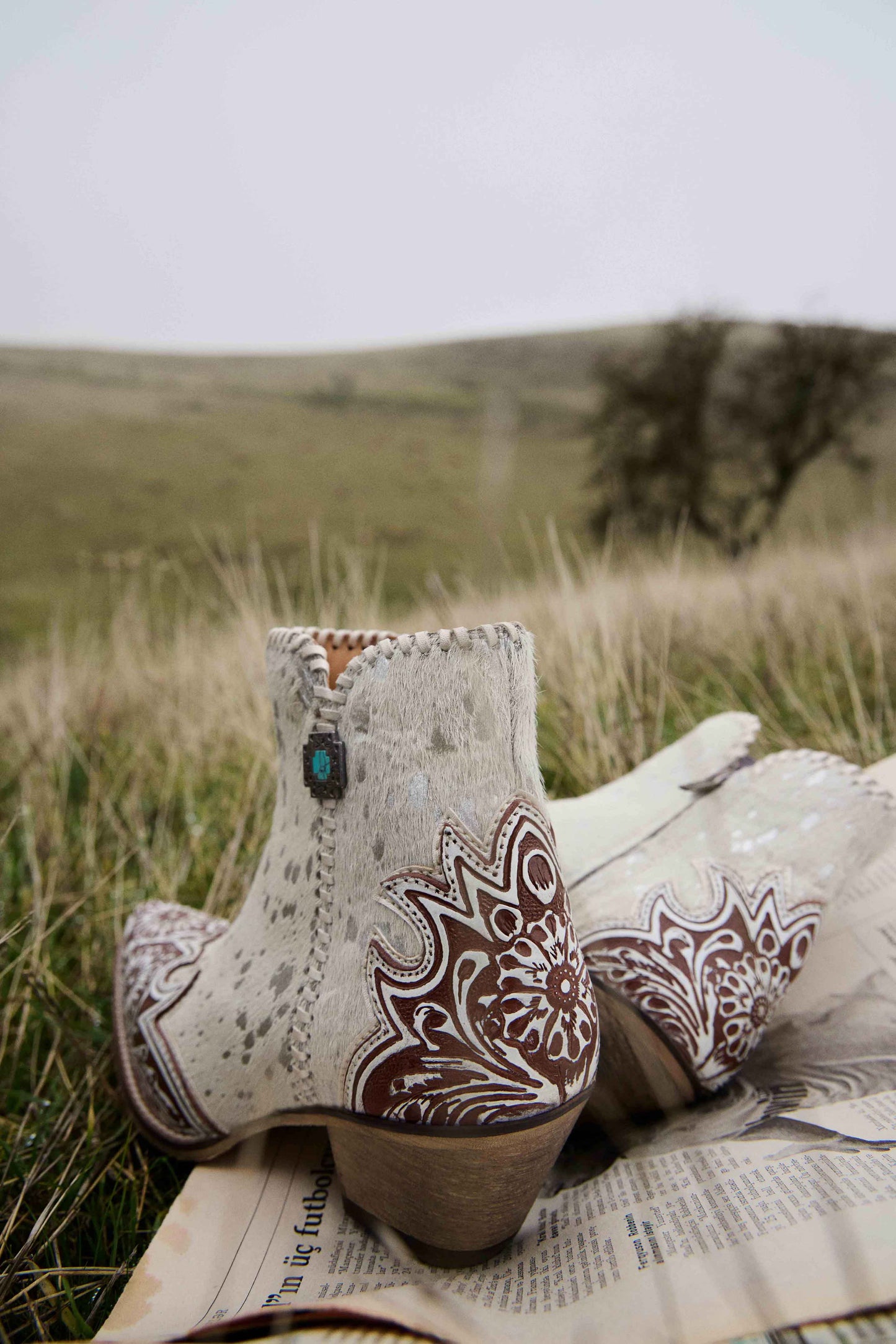 Sierra Belle Handtooled Leather Booties in Almond White