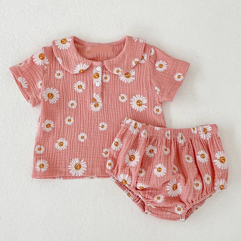 Flower Printed Cotton Shorts Set