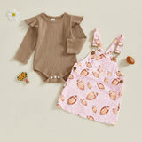 Baby Toddler Girls 2Pcs Fall Outfit Long Sleeve Romper + Football Print Overall Dress Set Clothes