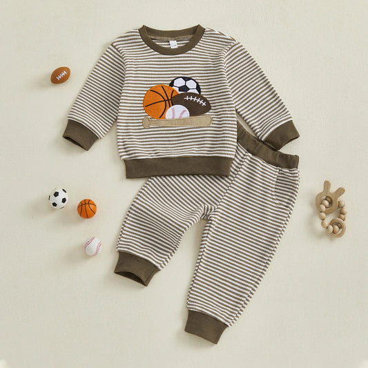 Baby Toddler Boys 2Pcs Fall Outfit Rugby Embroidery Striped Long Sleeve Top and Elastic Pants Clothes Set