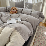 Sophia Gingham Lace Washed Cotton Bedding Set / Brown