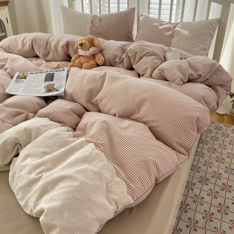 Sophia Gingham Lace Washed Cotton Bedding Set / Brown