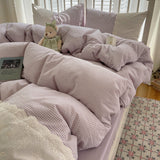 Sophia Gingham Lace Washed Cotton Bedding Set / Brown