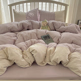 Sophia Gingham Lace Washed Cotton Bedding Set / Brown