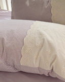 Sophia Gingham Lace Washed Cotton Bedding Set / Brown