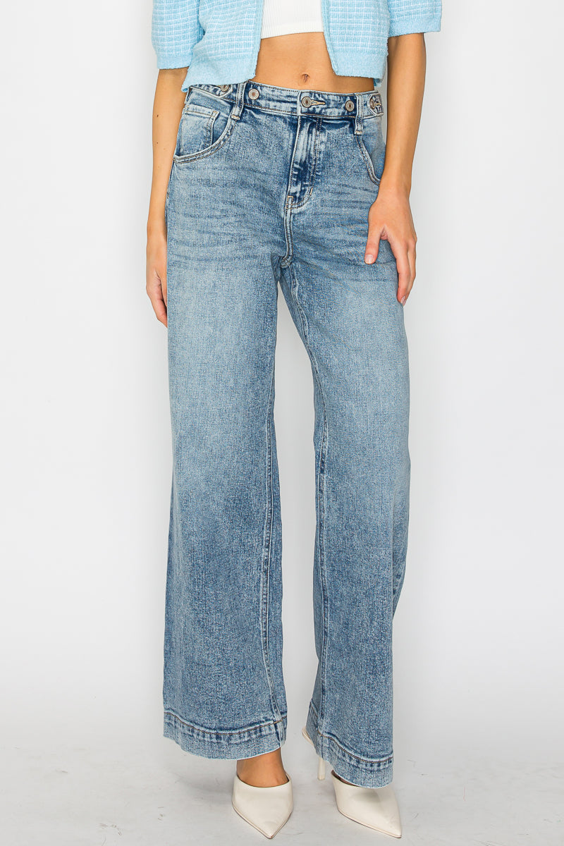 AT2082WDAC Adjustable Waistband High Rise Baggy Wide Jeans