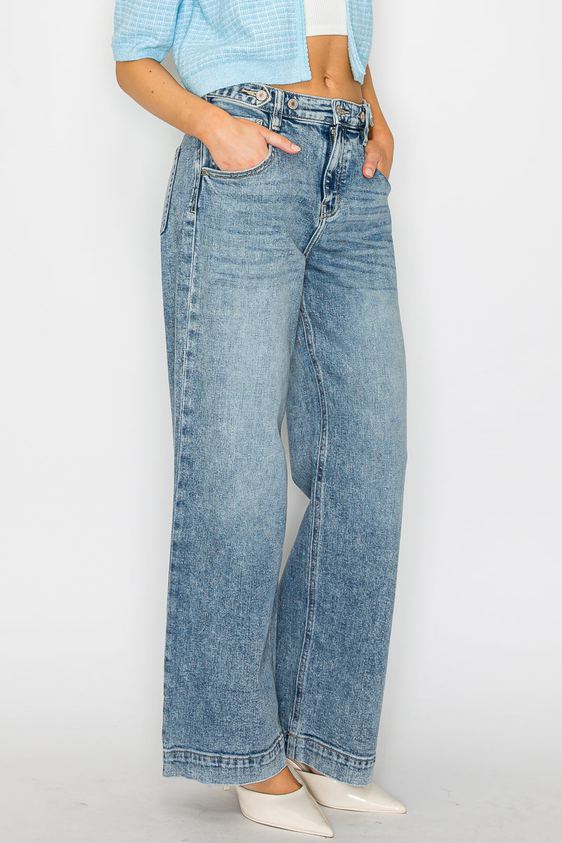AT2082WDAC Adjustable Waistband High Rise Baggy Wide Jeans