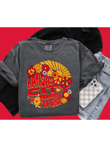 Kansas City Football Retro Sun Happy Face Flowers Pepper Tee