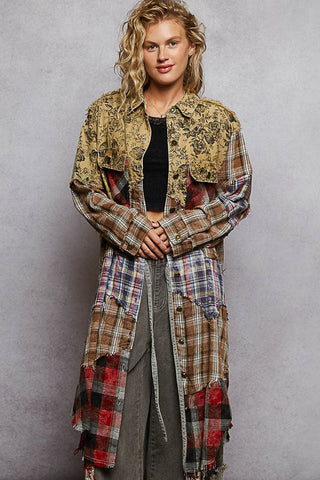 PRE- ORDER Long sleeve plaid woven varied patchwork maxi shirt jacket